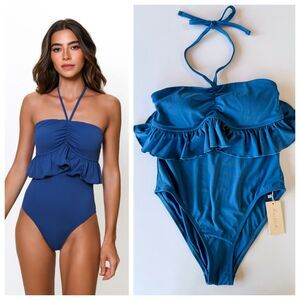 NWT Hutch Mona One Piece Halter Tie Neck Swimsuit in Indigo Blue Size Medium